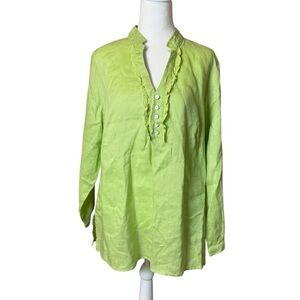 Tweeds Woman 100% Linen Tunic Top Lime‎ Green Ruffle V-Neck Long Sleeve 1X Lagen